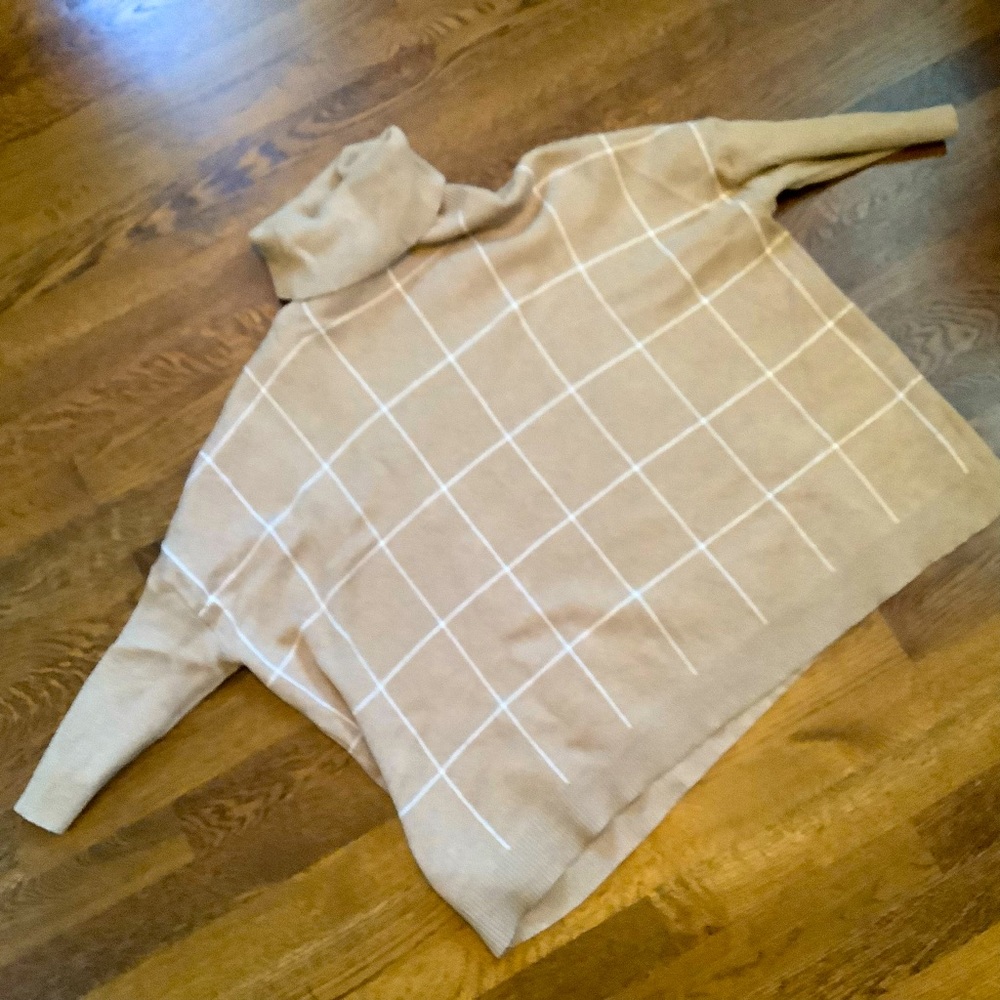 LOFT Windowpane Turtleneck Poncho Sweater in Light Brown - Size Small